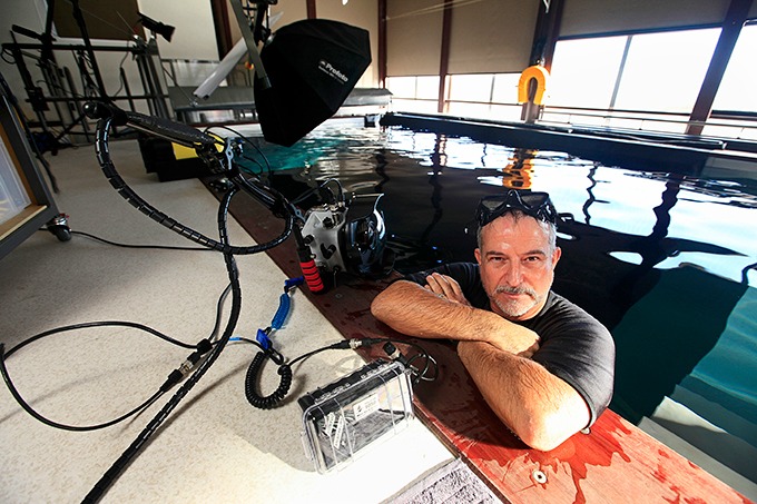 Jose G. Cano in his underwater photography studio, New Zealand.