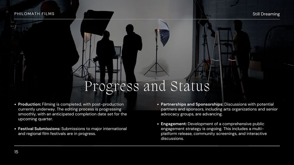 Documentary Pitch Deck Slide (Progress & Status)