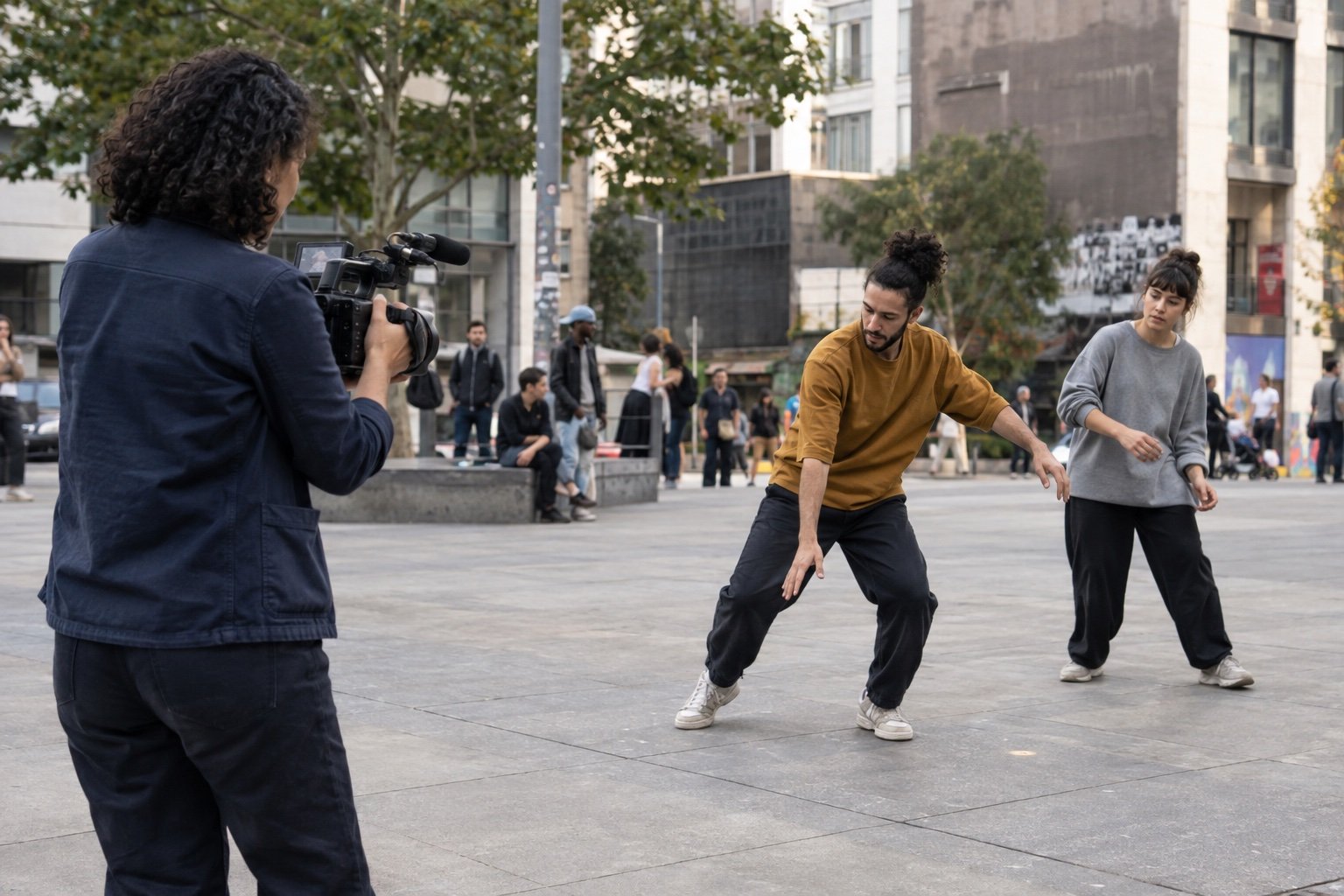 AI-generated scene of a documentary filmmaker recording a street dance rehearsal