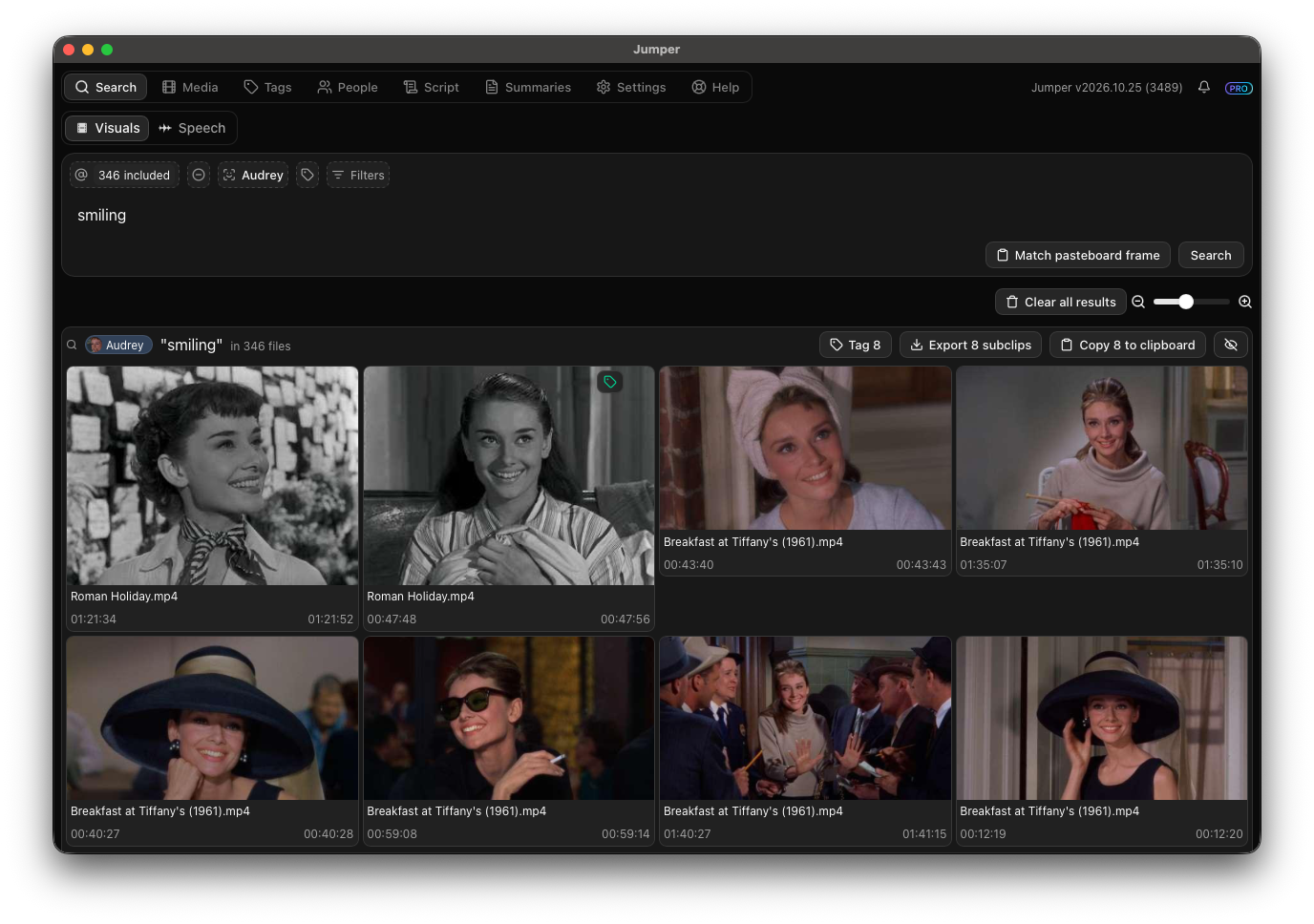 Jumper search for Audrey smiling, with matching shots from different films