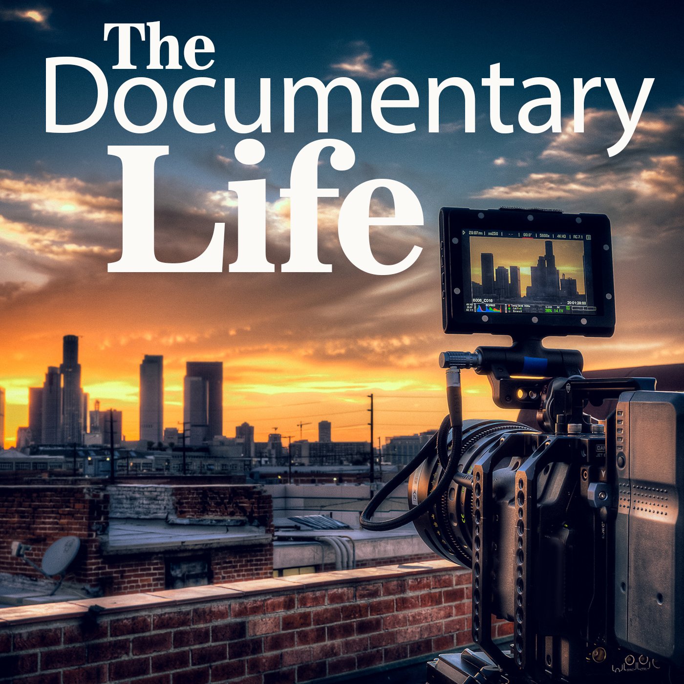 The Documentary Life podcast artwork showing a camera overlooking a city at sunset